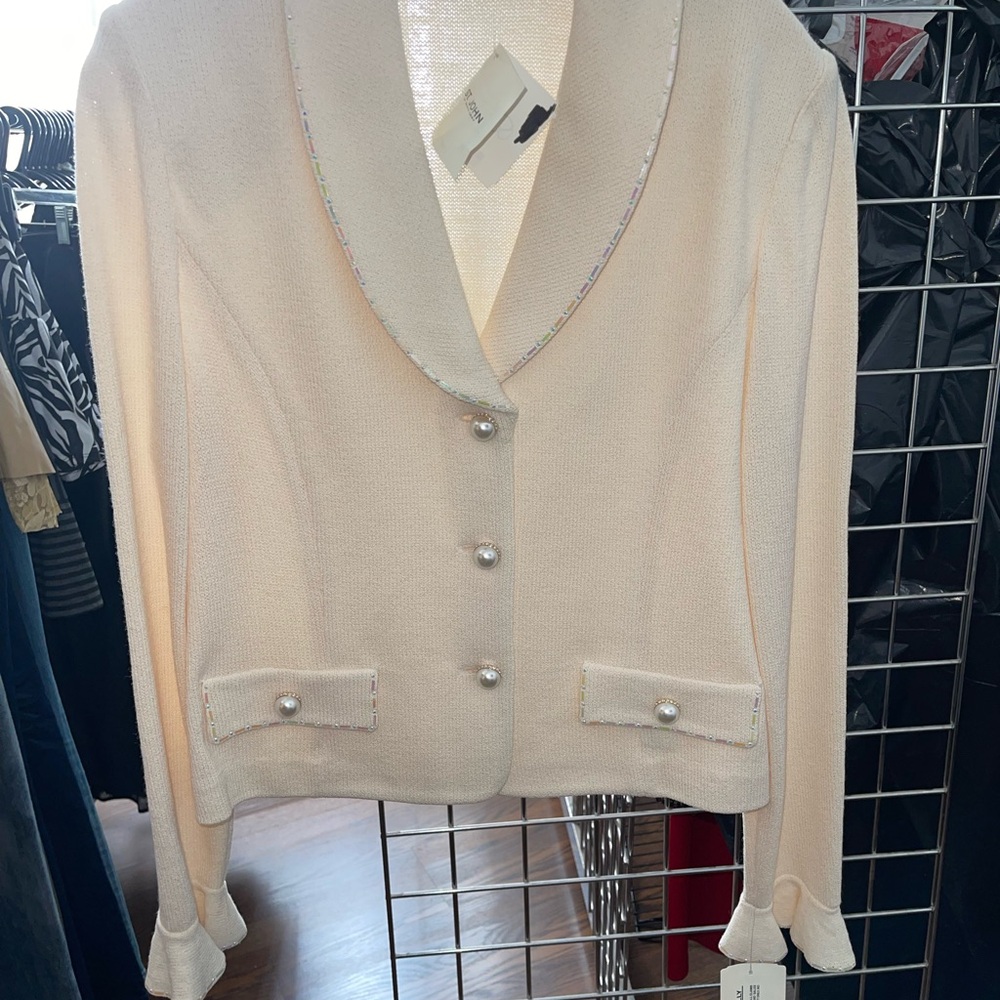 St. John Collection Cream Evening Blazer with Faux Pearl Rhinestone Buttons